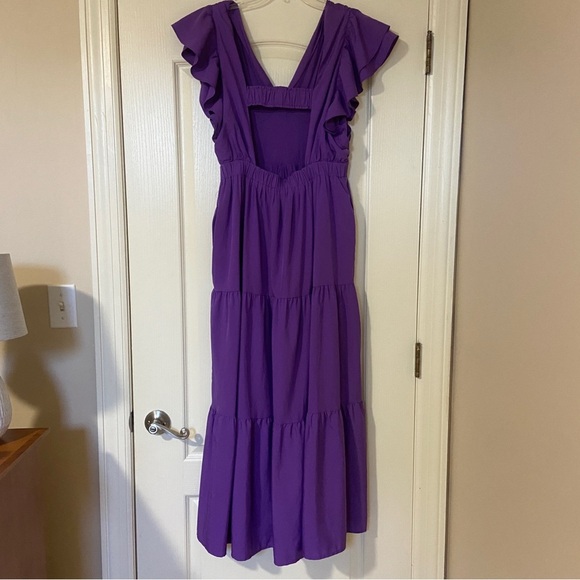 English Factory Purple Ruched Midi Dress with Flutter Sleeves - Picture 3 of 12